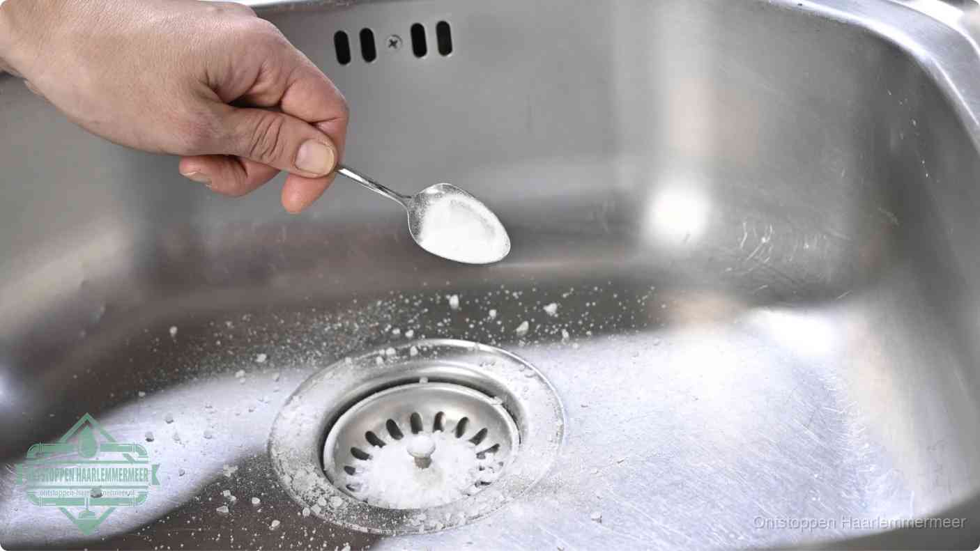 Een hand strooit met een lepel soda in de afvoer van een roestvrijstalen spoelbak, de soda en azijn huismiddel-methode om de afvoer te ontstoppen in Haarlemmermeer