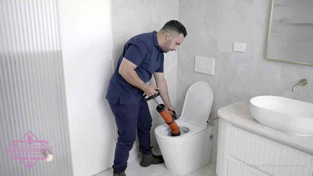 Een monteur buigt over een wandcloset en duwt met de hand een persluchtontstopper in de toiletpot om de verstopping handmatig los te maken in Haarlemmermeer