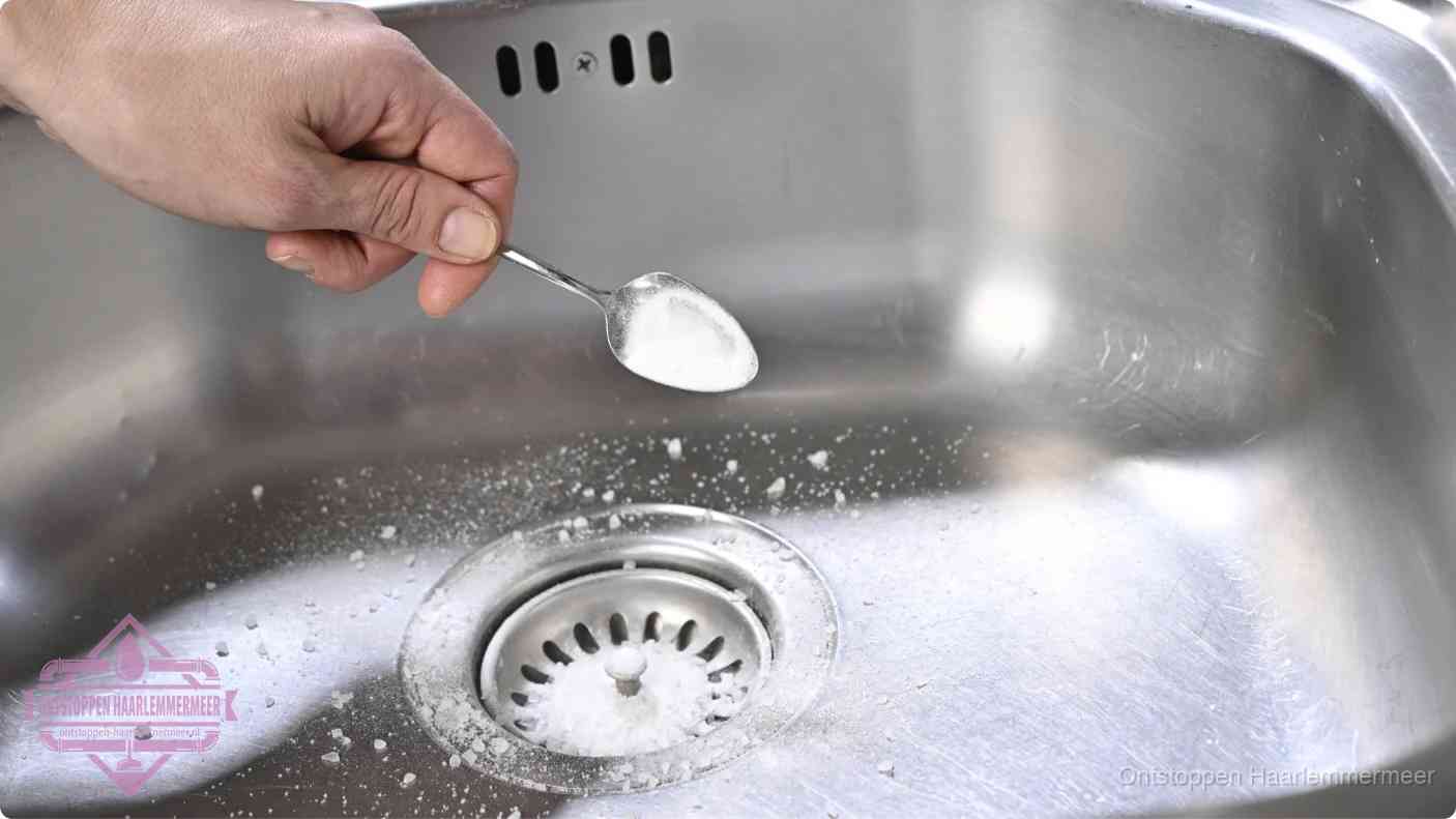 Een hand strooit met een lepel soda in een afvoerputje, de soda en azijn huismiddel-methode om de wc te ontstoppen in Haarlemmermeer